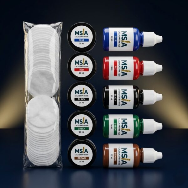 Premium Arabic calligraphy ink set with 5 colors, free ink pots, and likka for smooth artistic writing.