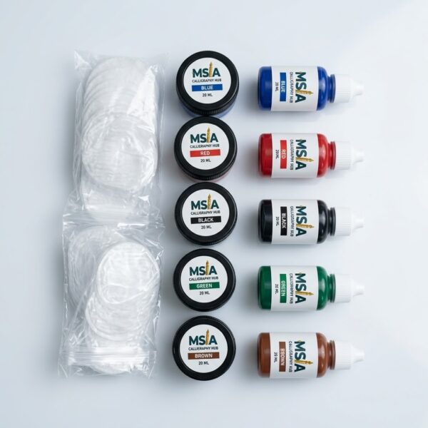 Premium Arabic calligraphy ink set with 5 colors, free ink pots, and likka for smooth artistic writing.